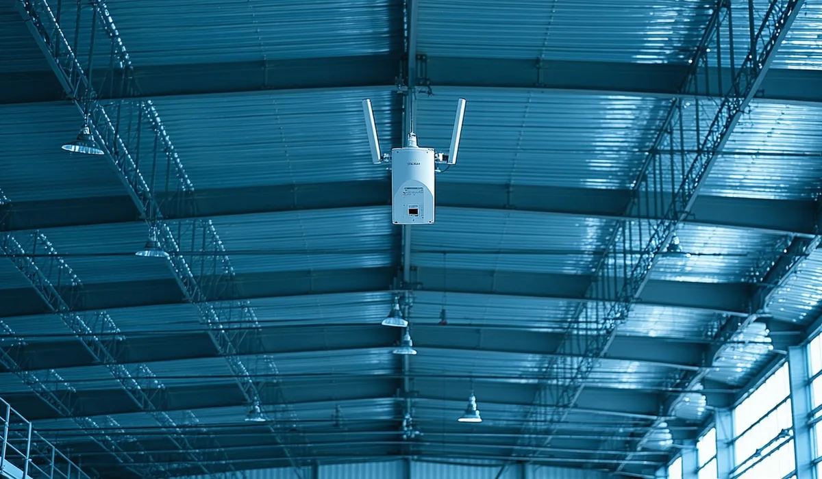 Field technician with laptop conducting RF site survey in an industrial facility