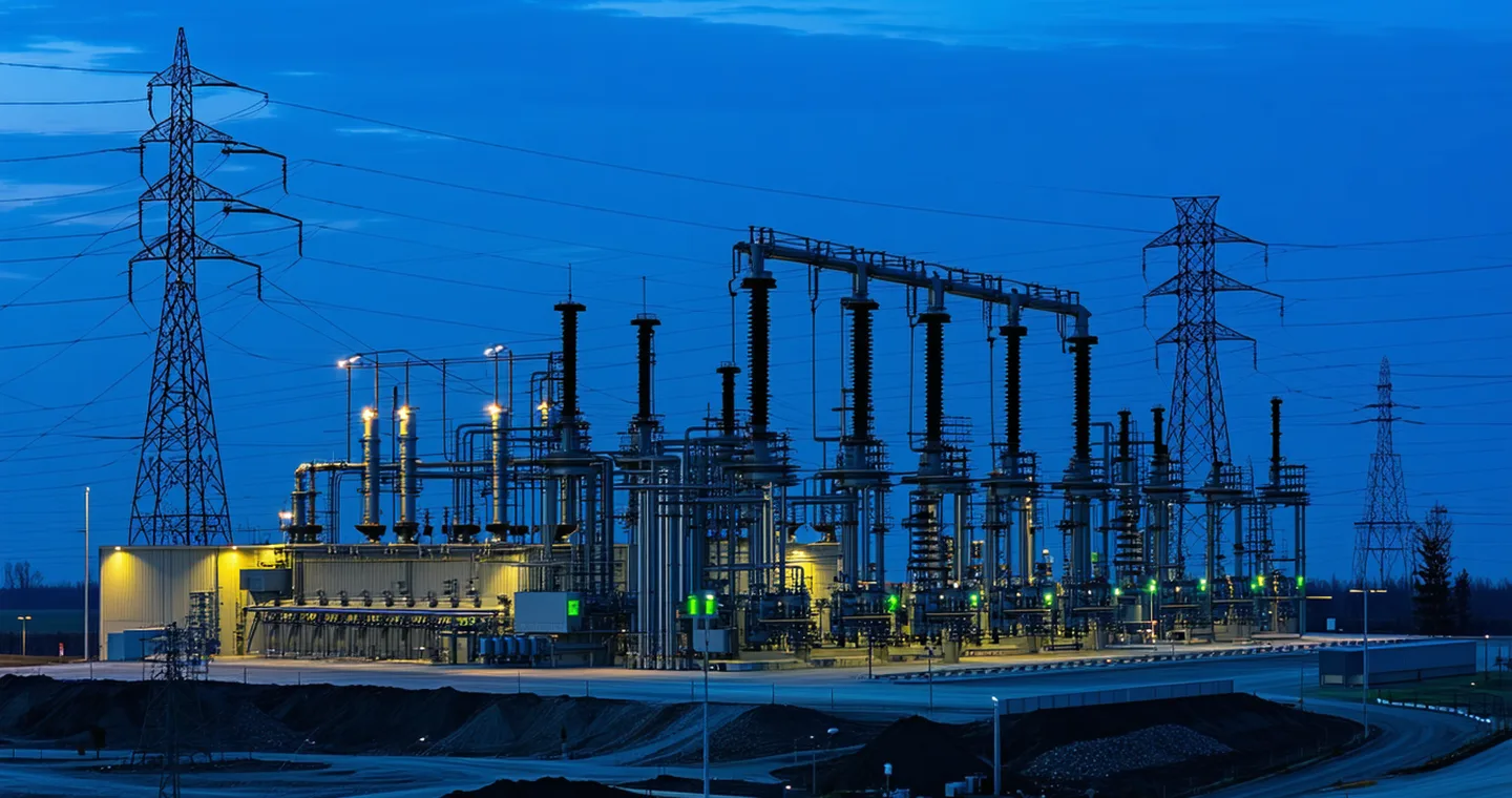 Industrial energy facility with sensor monitoring equipment and transmission infrastructure at dusk