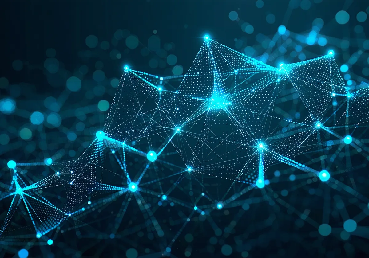 Abstract industrial campus network topology with signal coverage arcs and connected nodes on dark background