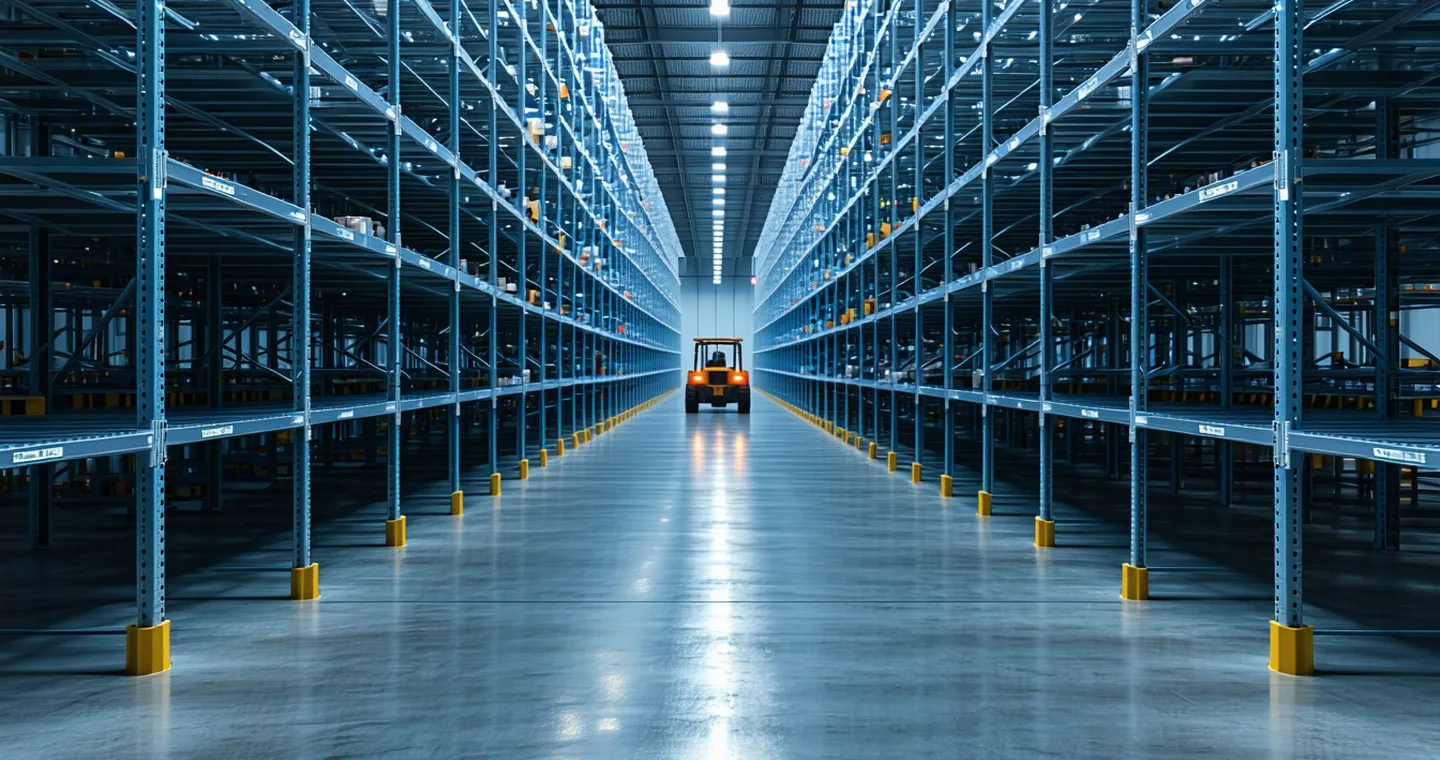 Large distribution center warehouse with forklift operations and dense storage rack rows