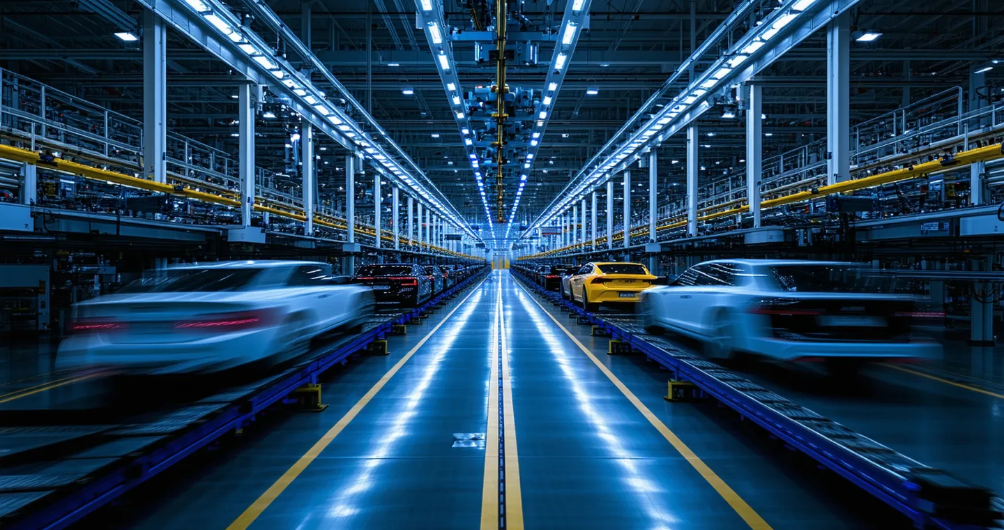 Modern automotive assembly plant floor with automated guided vehicles and industrial machinery