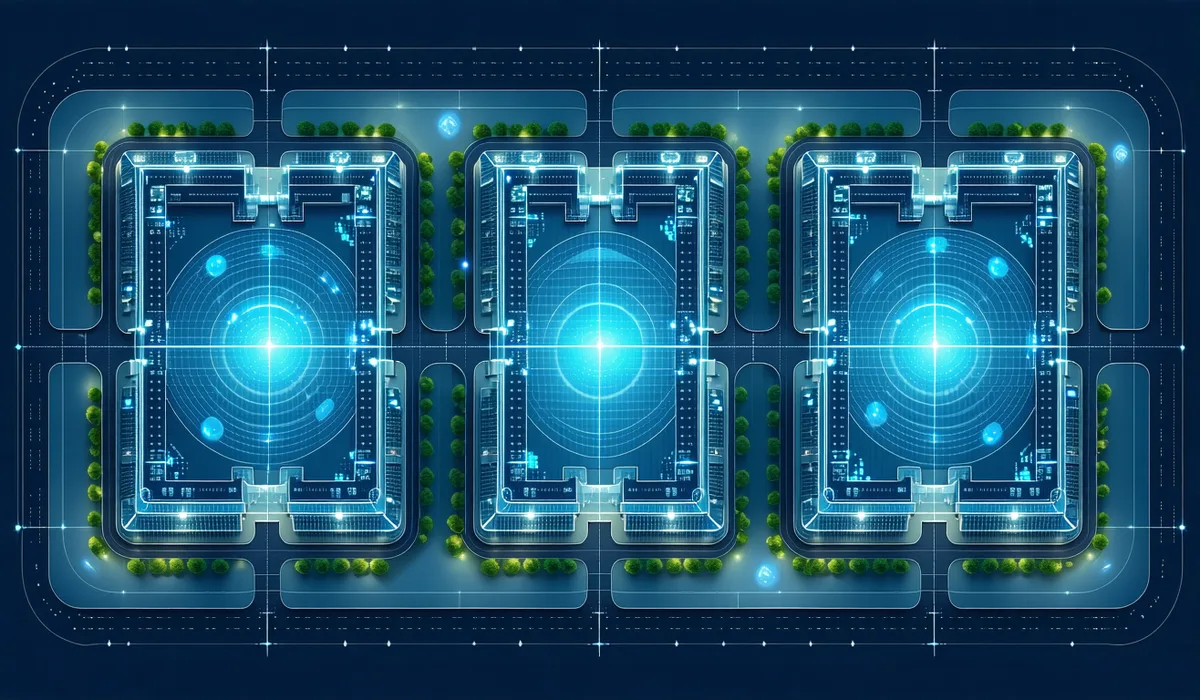 Multi-cell private 5G orchestration concept showing three factory zones with coverage layers and signal monitoring